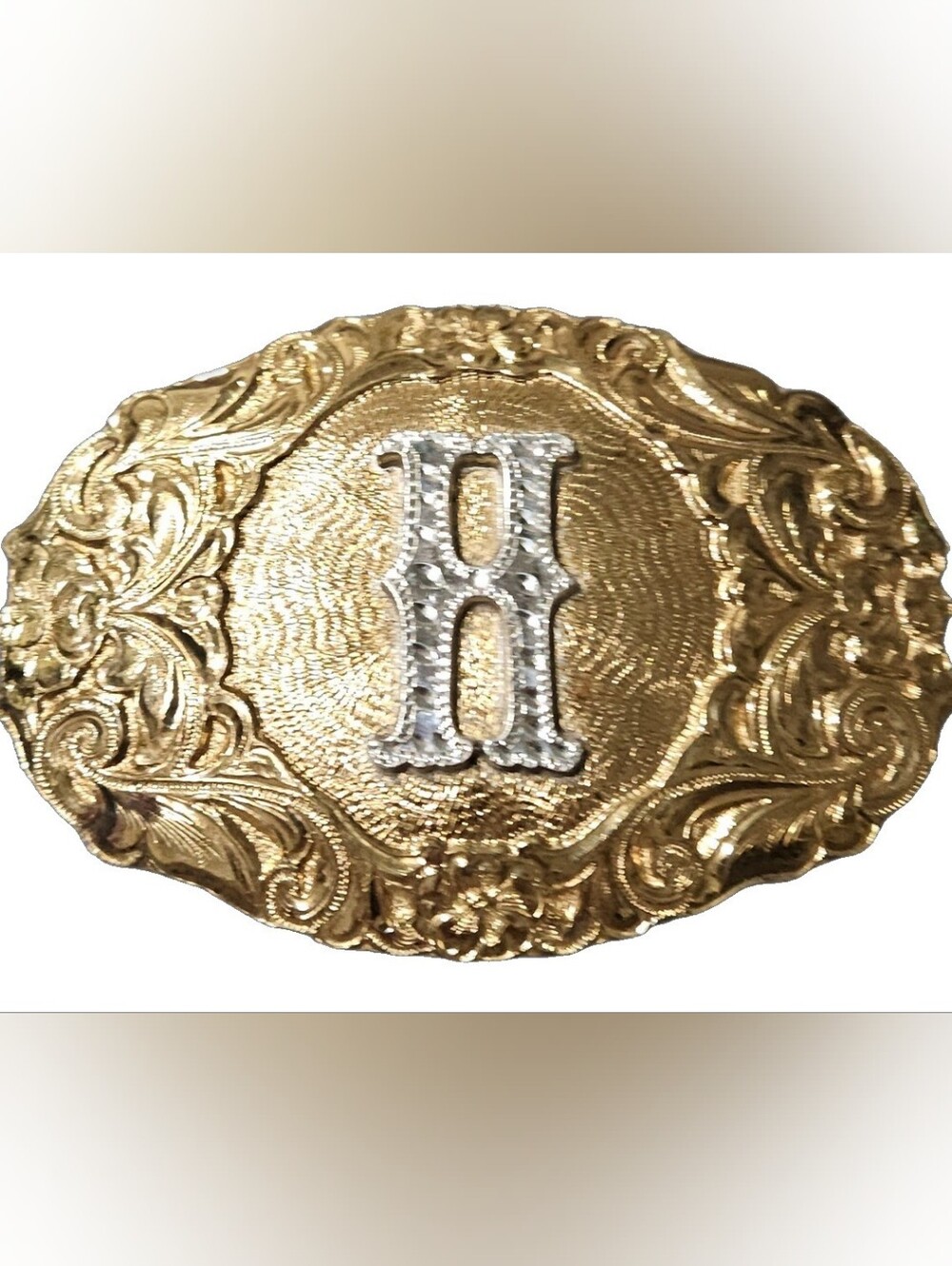Vintage Crumrine Western Belt Buckle Initial H Gold Floral Engraved